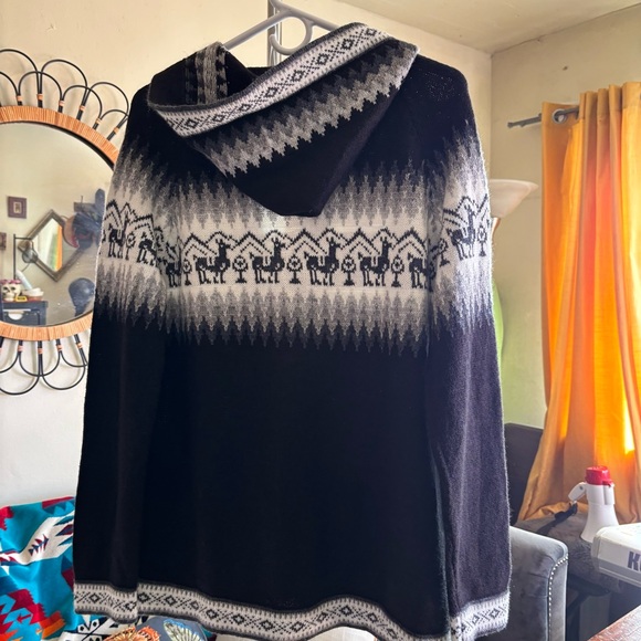 100% Alpaca Fair Isle Zip Front Hoodie Sweater Black White Gray Size M - Picture 5 of 14
